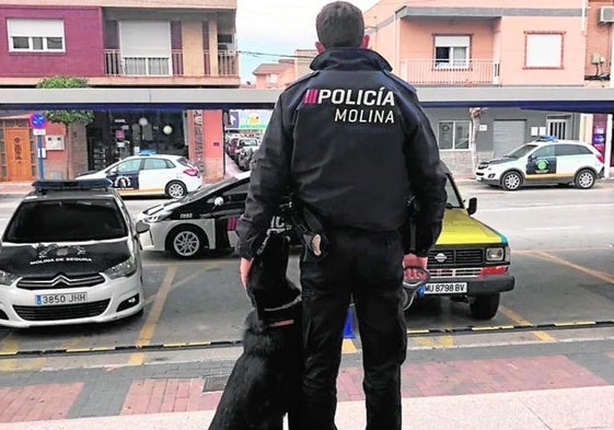Un agente de la Policía Local de Molina junto a uno de los canes de la Unidad Canina, en una imagen de archivo.