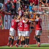 Los jugadores del Nástic de Tarragona celebran uno de los goles anotados esta temporada en el Nou Estadi.