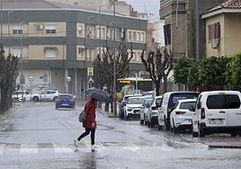 Una mujer, con paraguas, camina bajo la lluvia en Murcia.