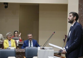 Joaquín Segado, del PP, sonríe mientras José Ángel Antelo, de Vox, interviene en la Asamblea en el Pleno de ayer.