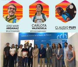 Arriba, los tres peregrinos; abajo, la consejera de Cultura y Turismo, Carmen Conesa, junto a otros participantes en la presentación de las IV Jornadas sobre los Caminos de la Cruz