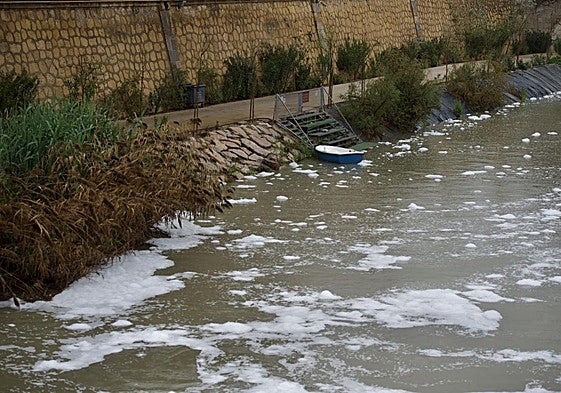 Rastro de espuma blanca en el río Segura a su paso por la ciudad de Murcia.
