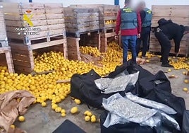 Los agentes inspeccionando la droga oculta.