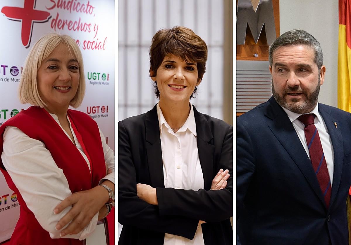 Paqui Sánchez, UGT. Teresa Fuentes, CC OO. Miguel López Abad, Croem.