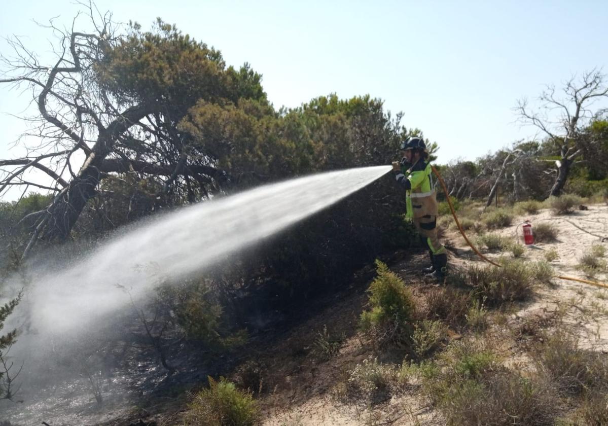 Un incendio trabajando este sábado en una zona afectada por el fuego.