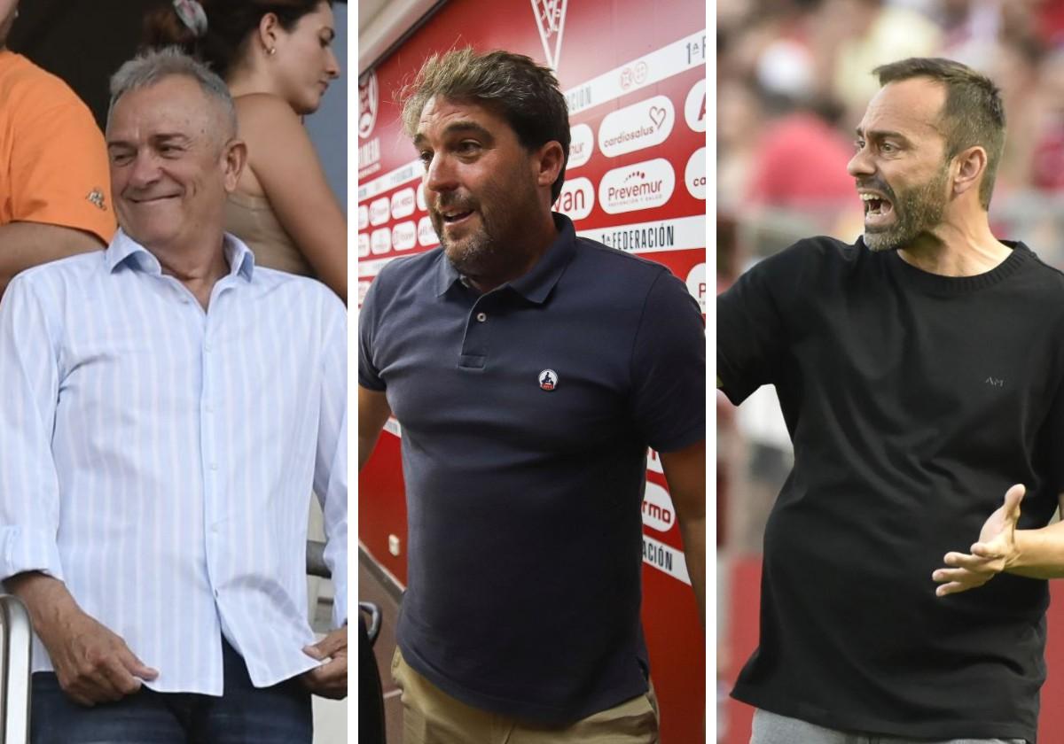 Felipe Moreno, presidente del Real Murcia; el director deportivo grana, Asier Goiria, y el técnico Fran Fernández, el pasado sábado.