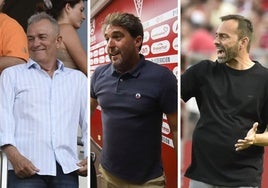 Felipe Moreno, presidente del Real Murcia; el director deportivo grana, Asier Goiria, y el técnico Fran Fernández, el pasado sábado.