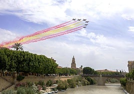 La Patrulla Águila sobrevuela el río Segura a su paso por Murcia, este miércoles.