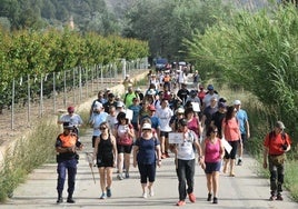 Un grupo de ciudadanos marchando este sábado por Calasparra para reclamar que se reabra la estación de ferrocarril de la localidad.