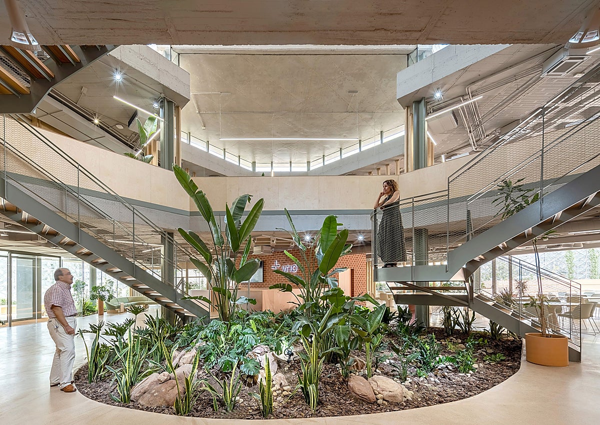 Imagen secundaria 1 - Vista exterior de jardines y fachada del edificio; vista del espacio ajardinado interior interior del edificio; huerto y cubierta ajardinada de la sede de VRIO en Molina de Segura. 