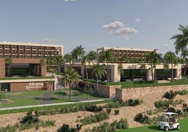 Recreación virtual del complejo, con el hotel en la parte derecha.