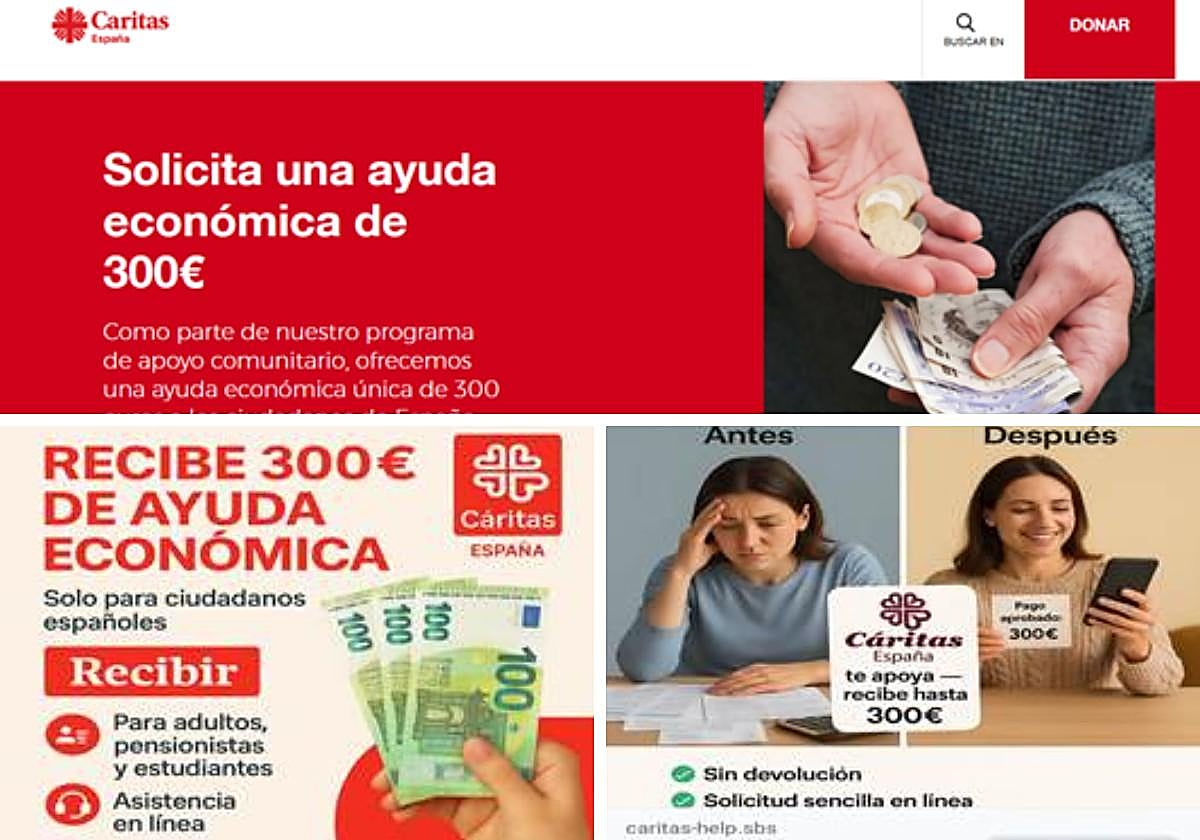 Arriba: página web que suplanta la imagen de Cáritas. Abajo: anuncios de Facebook que dirigen al sitio fraudulento.