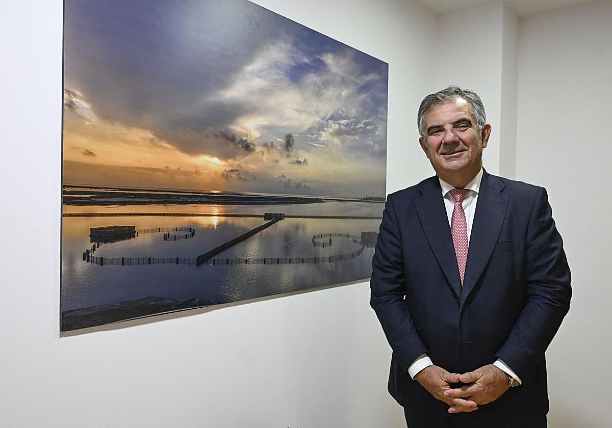 El consejero de Universidades, Juan María Vázquez, en su despacho junto a un cuadro del Mar Menor.