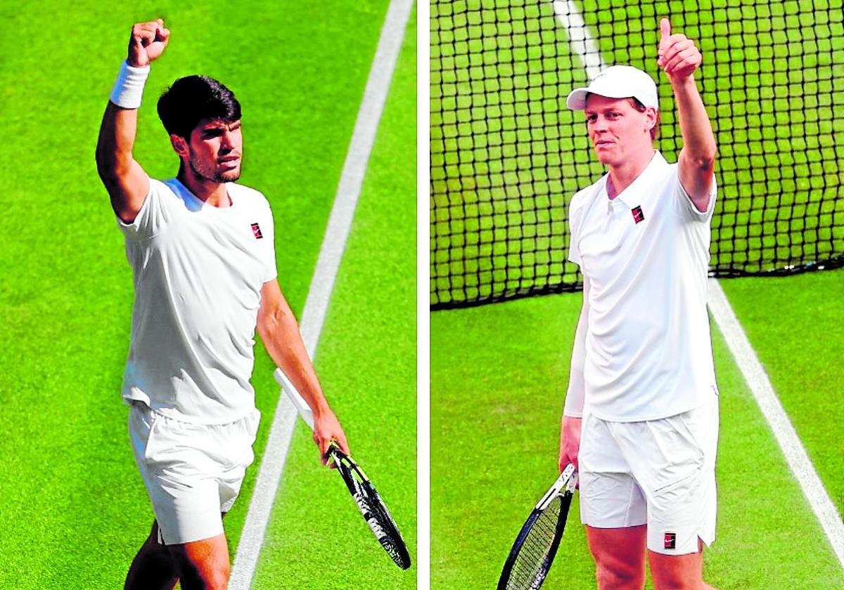Carlos Alcaraz y Taylor Fritz, durante un partido de esta semana en Wimbledon.