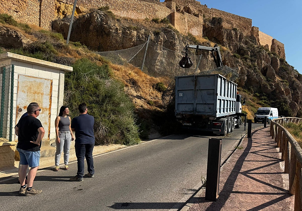 La concejala de Urbanismo supervisa los trabajos de sustitución de la malla de seguridad de la ladera del castillo.