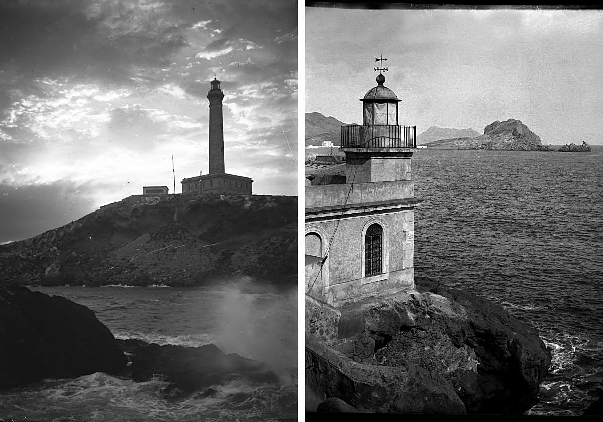 Al atardecer. Faro de Cabo de Palos (c. 1950). Águilas. Faro y peña de la Aguilica (c. 1903).