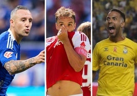 Santi Cazorla, con el Oviedo esta temporada. Pedro León, tras marcar con el Real Murcia. Jonathan Viera, con la camiseta de Las Palmas.