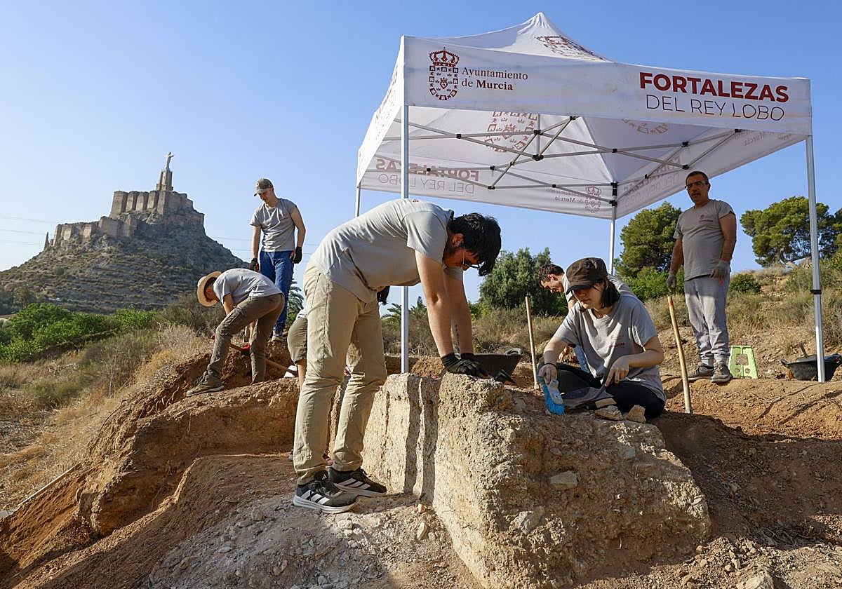Los voluntarios de la campaña de verano, en uno de los muros perimetrales hallados.
