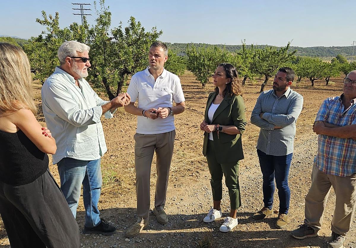 La consejera de Agua, Agricultura, Ganadería y Pesca, Sara Rubira, en una finca de almendros de Caravaca de la Cruz con cultivos afectados por la sequía.