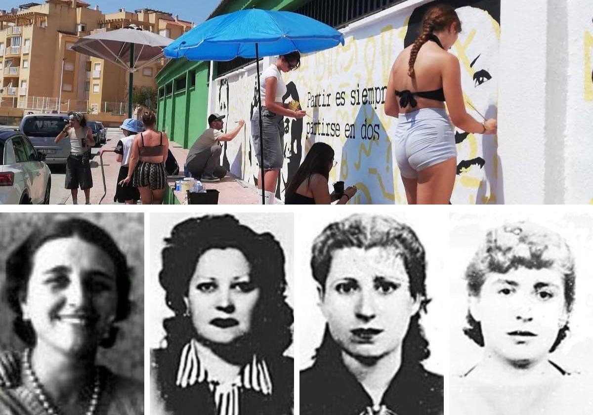 Alumnos del IES Antonio Hellín pintan el mural de homenaje a las exiliadas en el polideportivo de Puerto de Mazarrón. Abajo, Carmen Bernal (i), Concepción Dávila, Agustina Saura y su hermana Catalina.