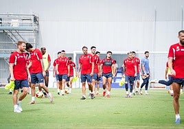 Plantilla del Real Murcia ejercitándose durante la presente pretemporada en las instalaciones de Pinatar Arena.