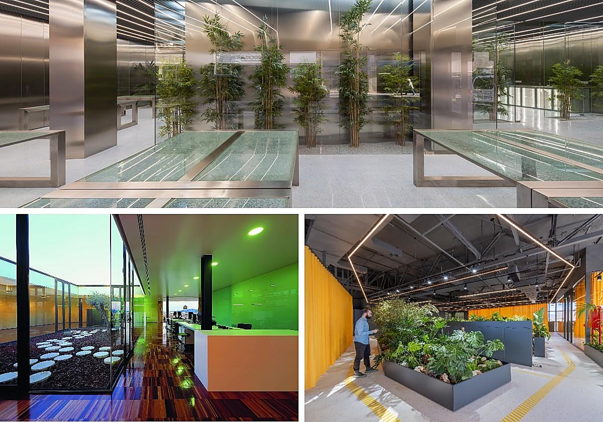 Casa de las Aguas. Abajo, Oficinas Areniscas Rosal y Catman North.