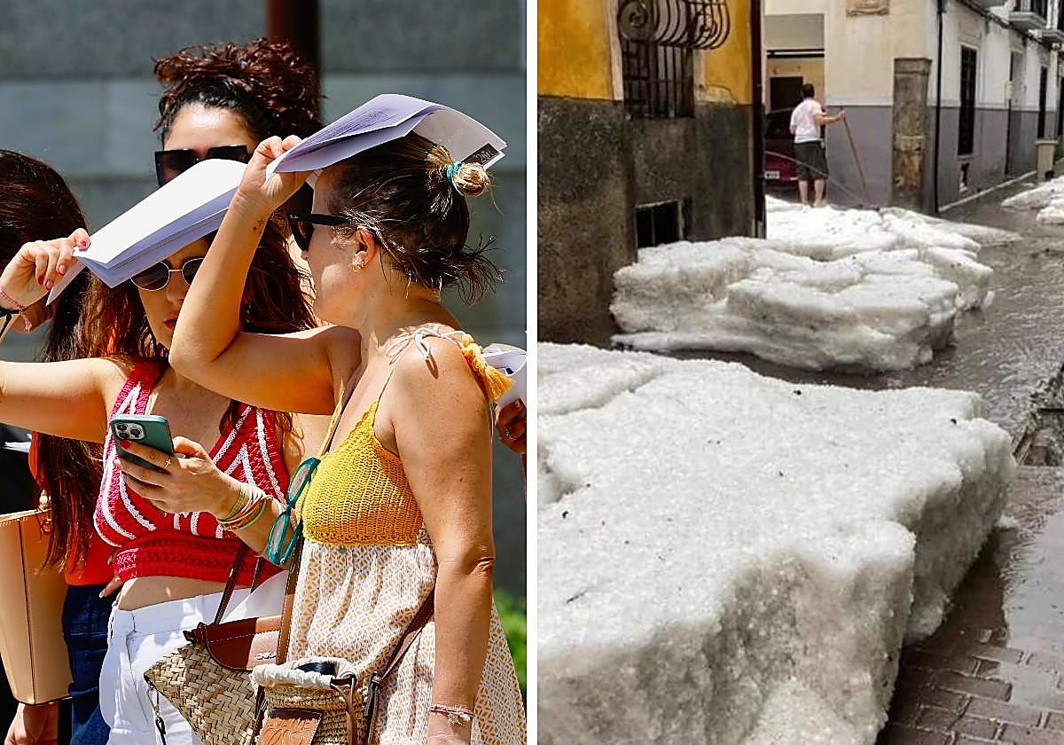A la izquierda, un grupo de mujeres se protege del sol en Murcia; a la derecha, bloques de granizo en las calles de Caravaca.