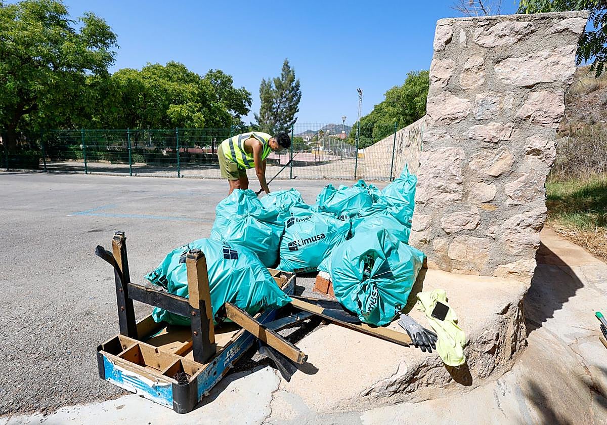 Un operario del servicio de limpieza trabajando en la zona del parque del barrio de Los Ángeles de Lorca este jueves tras la denuncia del PSOE.