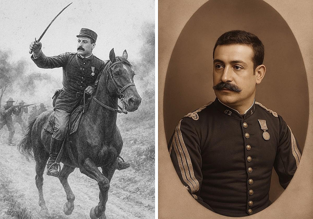 Rafael Martínez Illescas, héroe ignorado, murió con la espada en alto en los campos de Puerto Rico. A la derecha, un retrato.