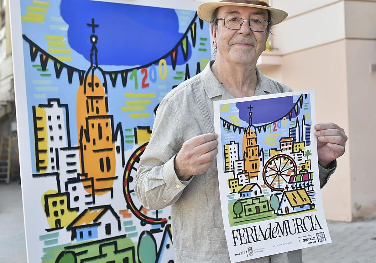 El artista Esteban Linares posa con su diseño del cartel de la Feria de Murcia.