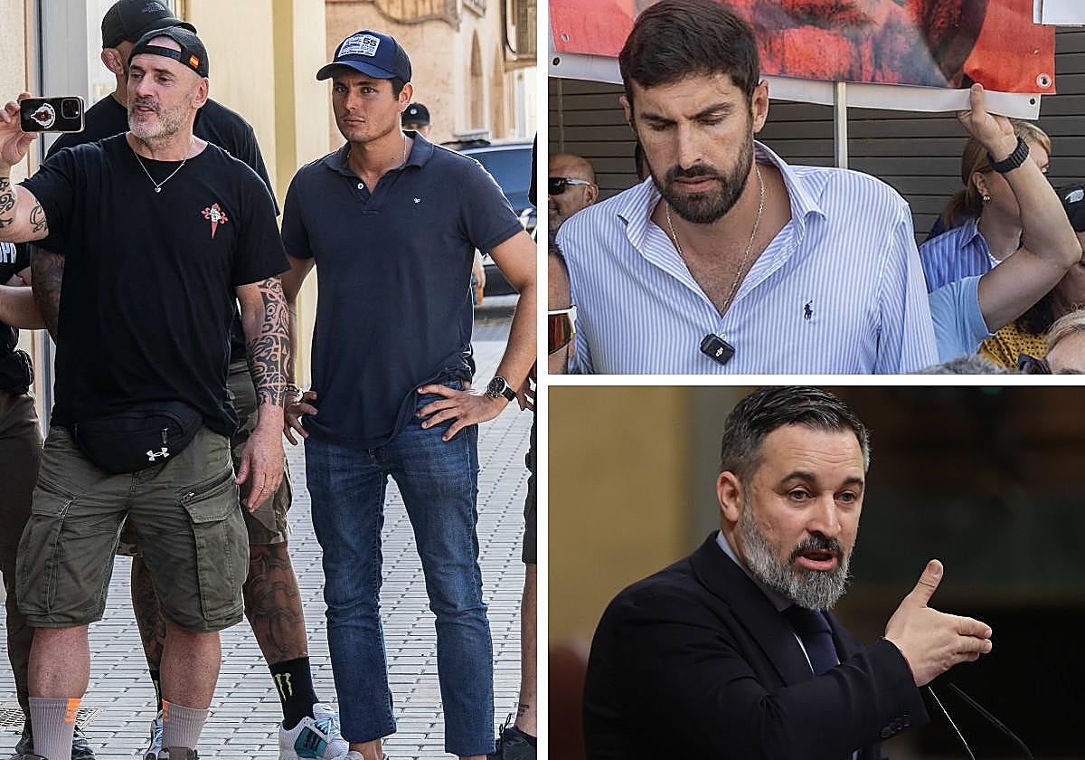 A la izquierda, Dani de Desokupa y Vito Quiles, en Torre Pacheco. A la derecha, Antelo y Abascal.