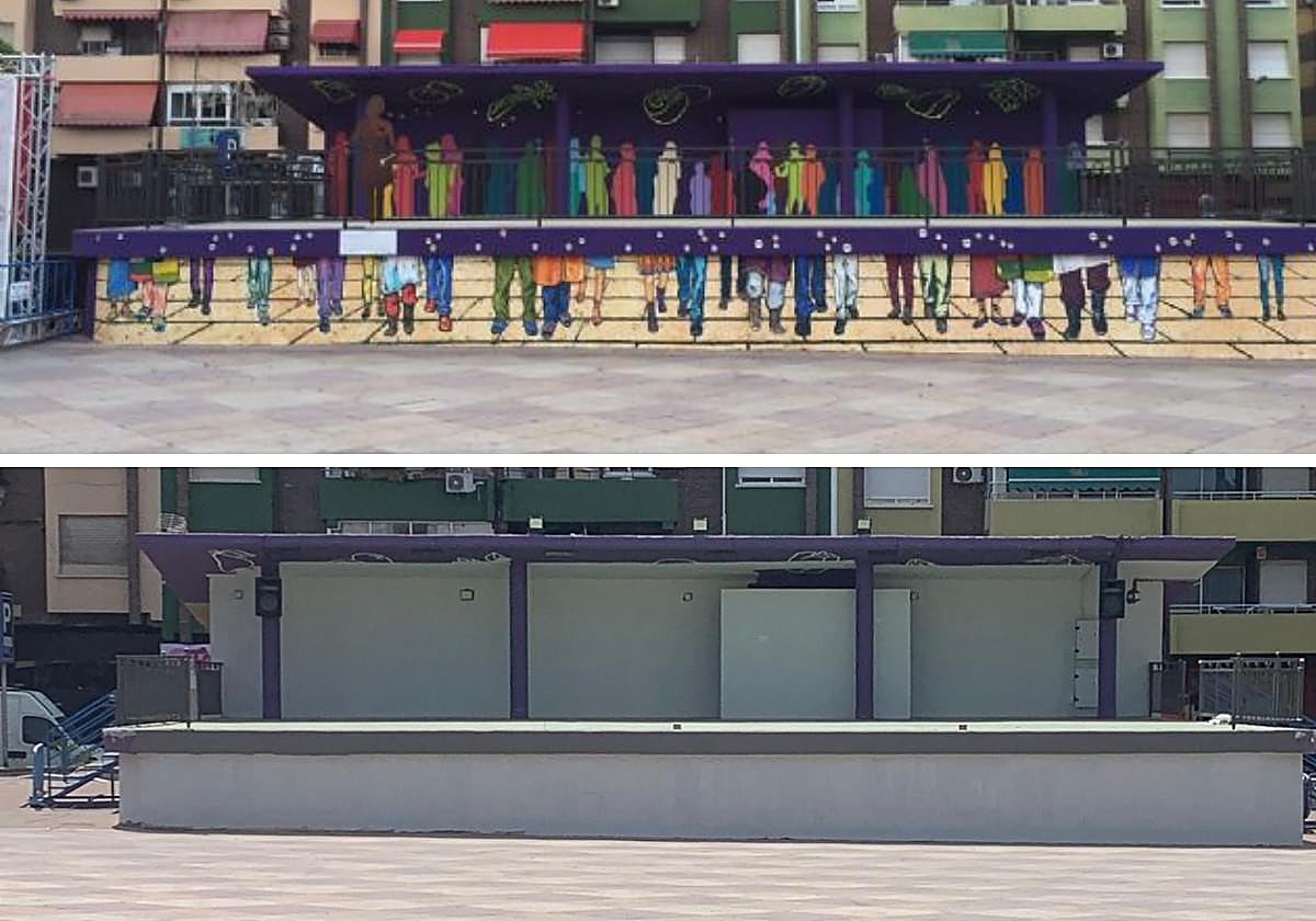 El escenario de la plaza de España, antes y después de la eliminación del mural.