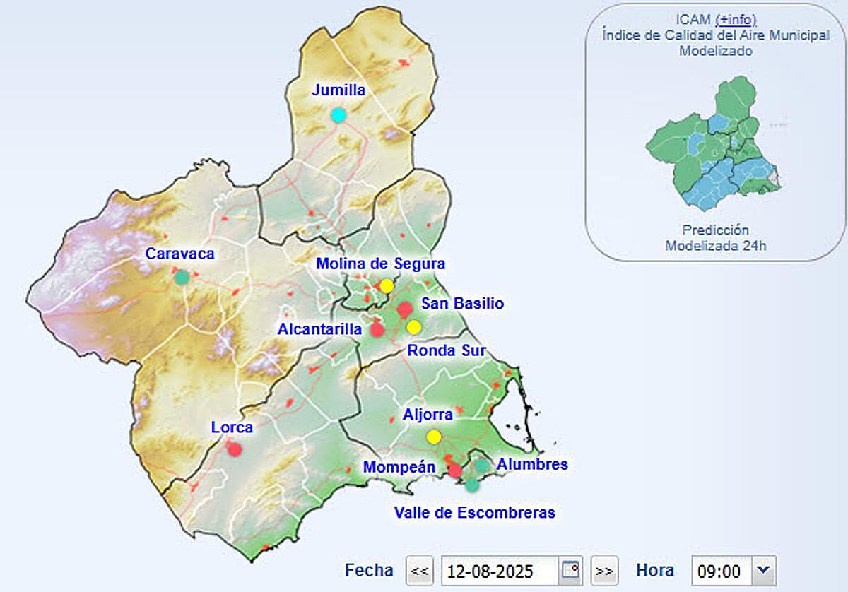 Índice de calidad del aire en la Región de Murcia, a las 9 horas de este martes.