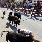 Uno de los participantes en el encierro, alcanzado por un novillo.