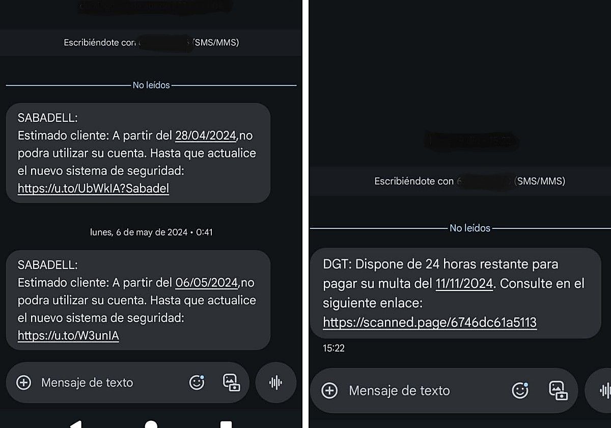 Ejemplo de mensajes de texto fraudulentos.