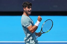Carlos Alcaraz celebra un punto, este sábado, en Cincinnati.