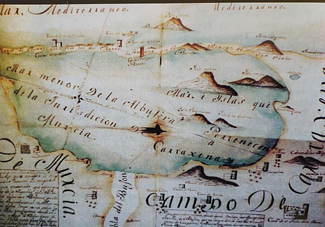 Dibujo del siglo XVI del Mar Menor con la división a los pescadores de Cartagena y Murcia según real ejecutoria.