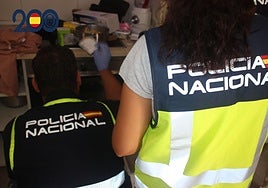 Dos agentes examinan los objetos intervenidos en los registros.