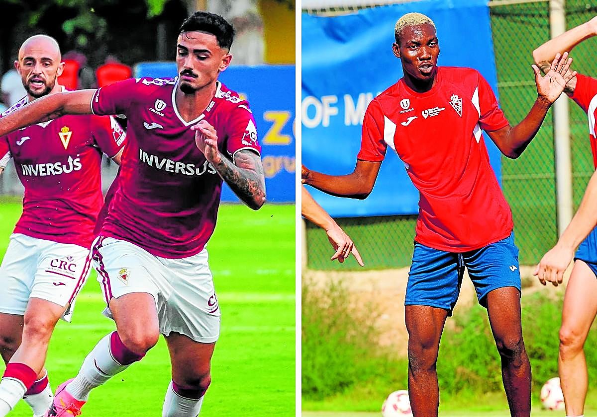 Matheus Cadorini, jugador del Real Murcia, ante el Orihuela; y Mathieu Seyram, jugador del Imperial, contra el Lorca Deportiva.