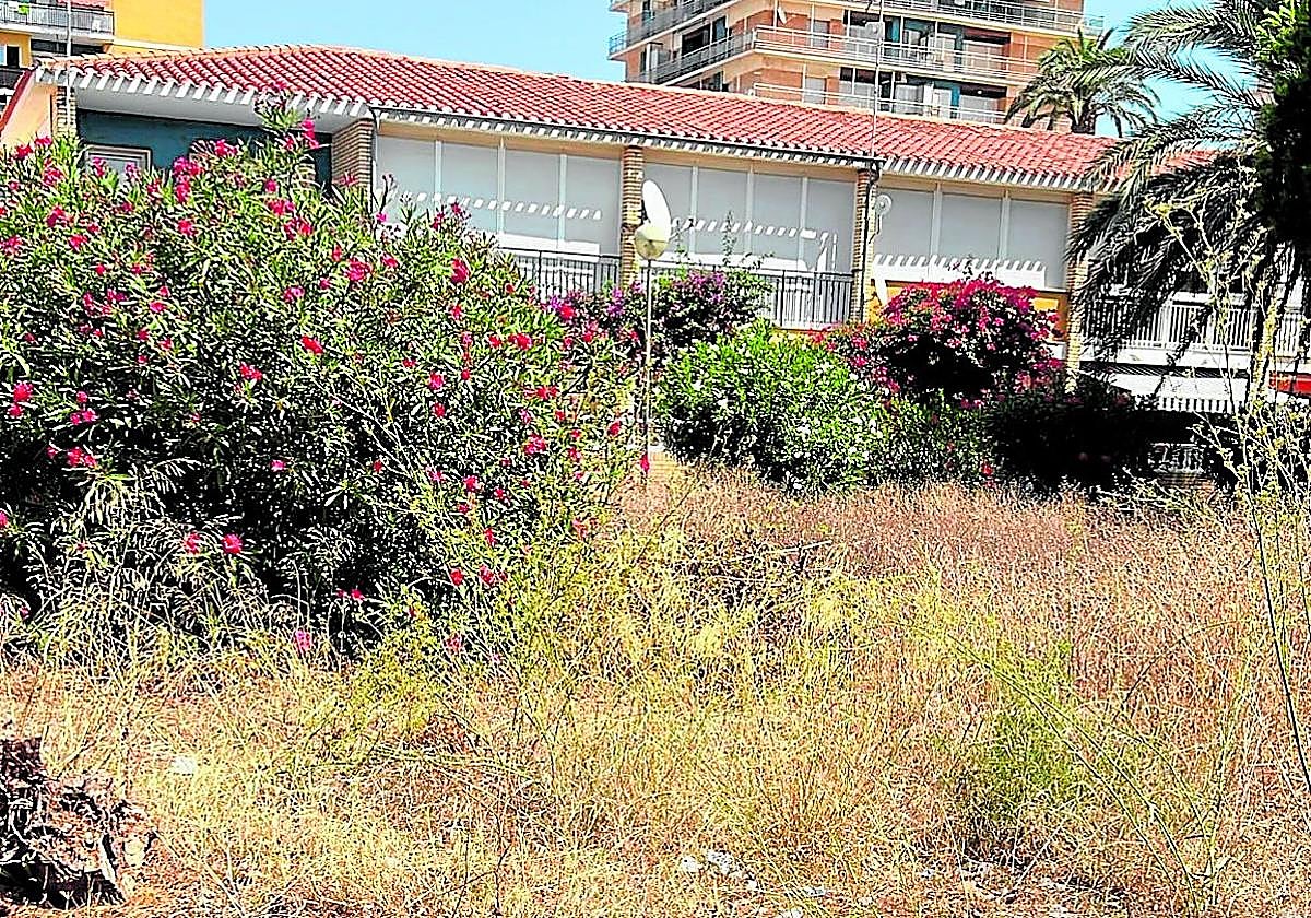 Uno de los jardines que rodea la iglesia de la localidad, repleto de maleza y restos de basura.