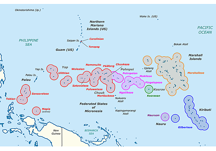 Mapa de lenguas en Micronesia; en el centro, el atolón de Kapingamarangi.