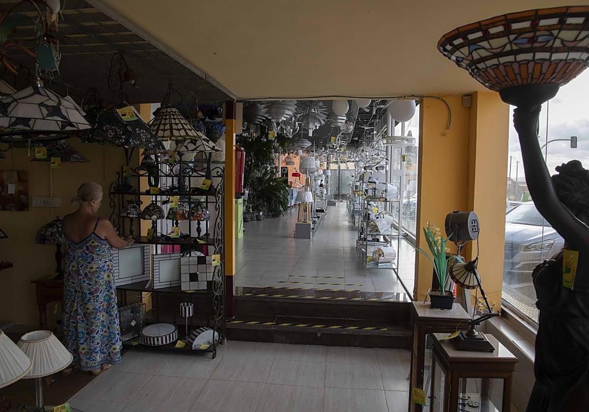 Una dependienta prepara unos estantes con varios tipos de lámparas.