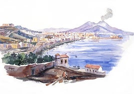 Bahía de Nápoles tal como podría ser en el siglo XVII cuando Nicolás emprendió el viaje a Murcia. La figura del hombre que la contempla podría ser él.