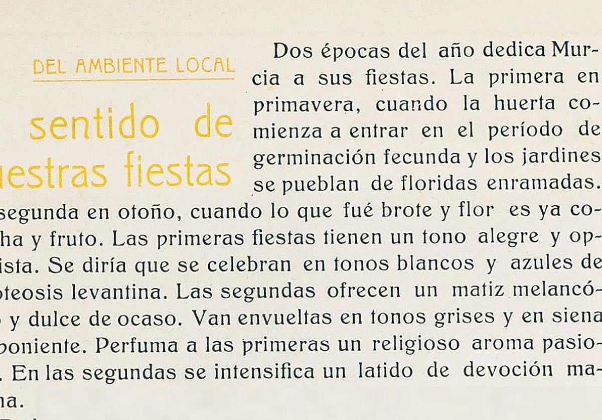 Imagen principal - 1. Así escribía Raimundo de los Reyes en 1929 su artículo en un folleto sobre las fiestas murcianas. 2. El semanario 'Hoja del Lunes' publicaba esta fotografía firmada por Juan López para saludar al otoño de 1950. 3. En 1965. Un artículo sobre la estación publicado en 'Línea'.