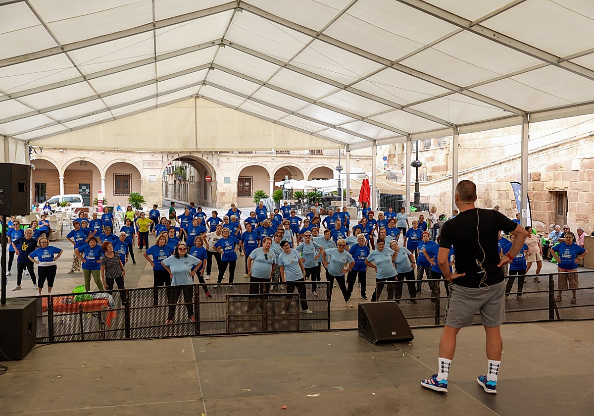 Los mayores siguen las instrucciones del monitor en la clase de gimnasia en la plaza de España.