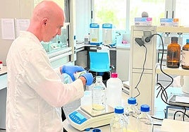Francisco López Gálvez preparando medios de cultivo microbiológico en el laboratorio.