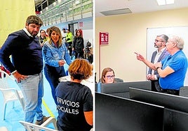 En la imagen de la izquierda, López Miras y Noelia Arroyo visitan el pabellón de Cabezo Beaza; a la derecha, Francisco Lucas en la CHS.