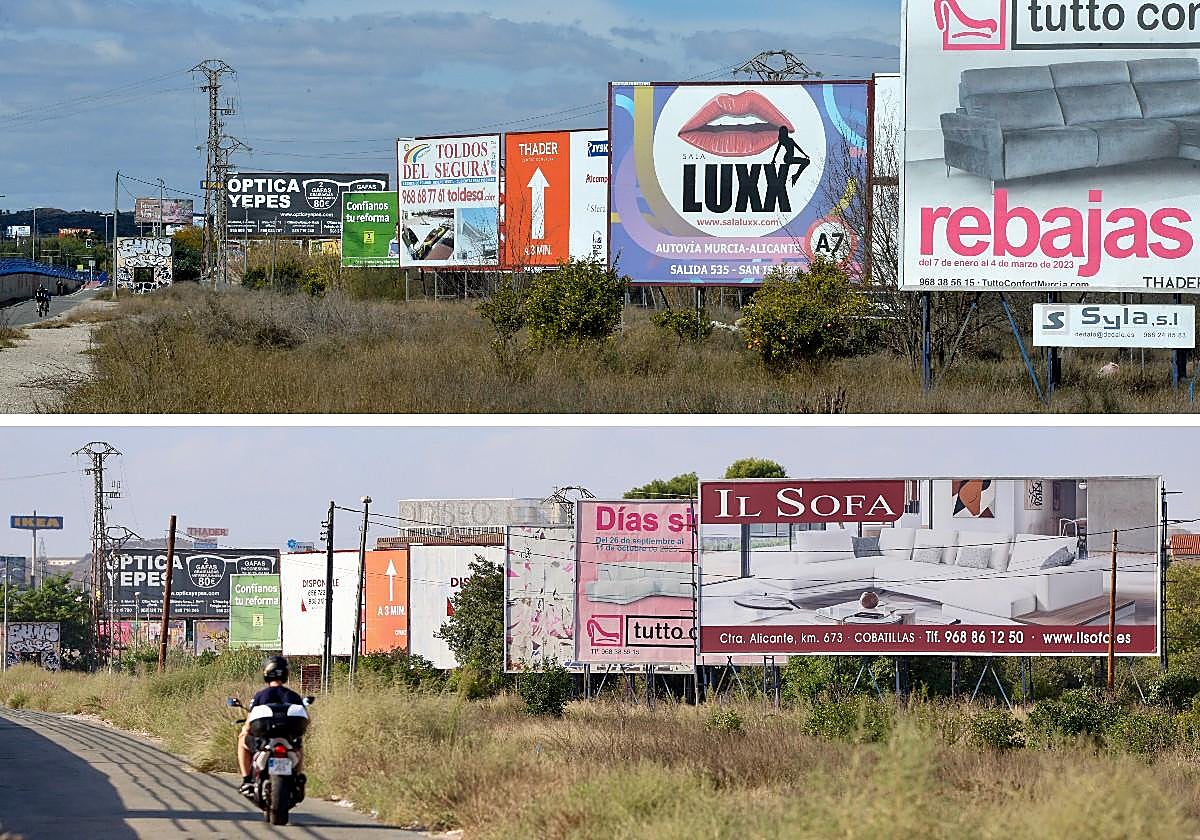 Carteles publicitarios en Juan de Borbón, donde hace unos días se veían anuncios de servicios sexuales (arriba). Abajo, imagen de este martes, cuando ya han sido retirados.