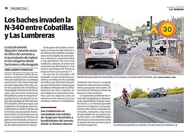 Información publicada en LA VERDAD sobre el estado de la carretera N-340 en octubre de 2024.