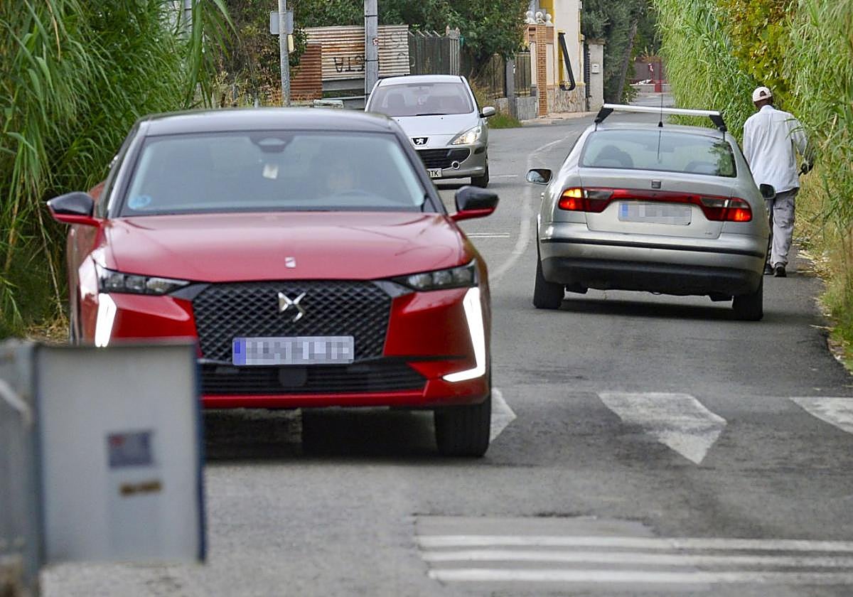 Los peatones circulan por la calzada en un tramo sin acera invadido por cañas.